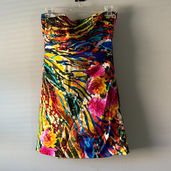 La Femme Rainbow Colorful 100% Silk Shell Mini Short Strapless Sleeveless Dress - Picture 2 of 6
